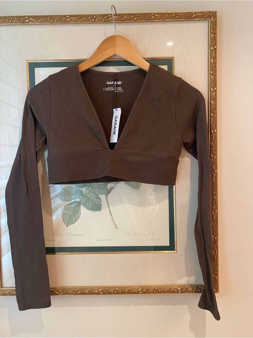 Garage Brown Ribbed V-Neck Long Sleeve Crop Top new